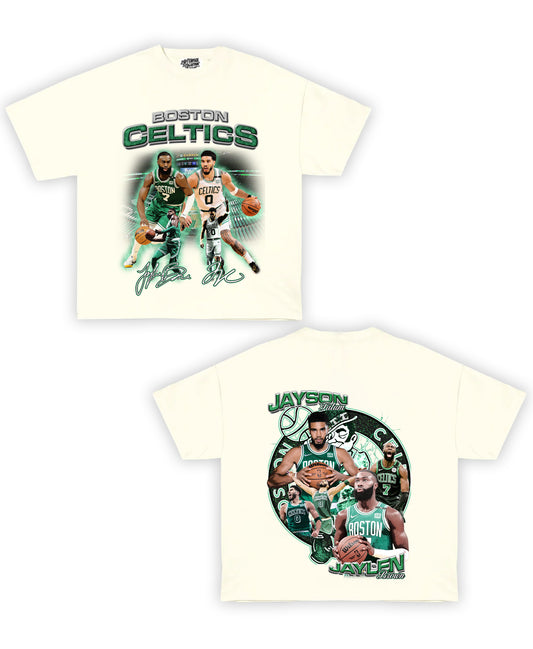 Celtics: Tatum & Brown Tribute Vintage Shirt: Front/Back (Cream)