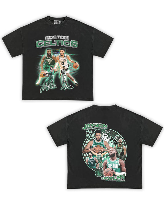 Celtics: Tatum & Brown Tribute Vintage Shirt: Front/Back (Vintage Black)