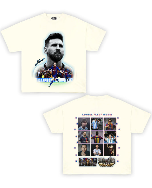 Messi #2 Tribute Vintage Shirt: Front/Back (Cream)